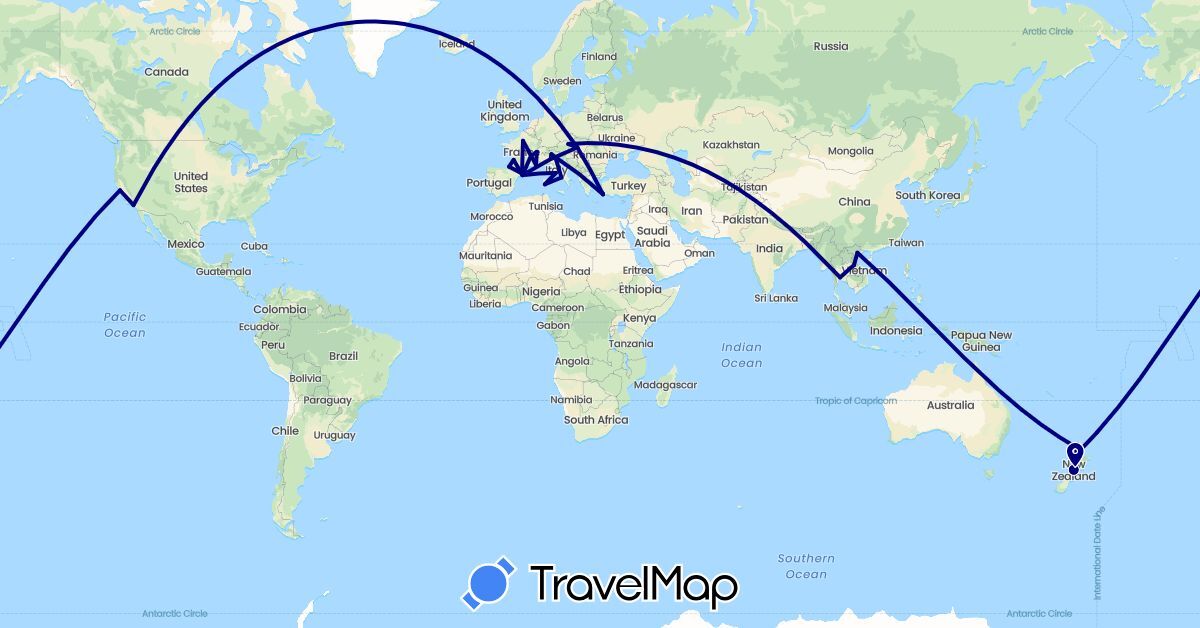 TravelMap itinerary: driving in Austria, Switzerland, Germany, Spain, France, Greece, Hungary, Italy, New Zealand, Thailand, United States, Vietnam (Asia, Europe, North America, Oceania)
